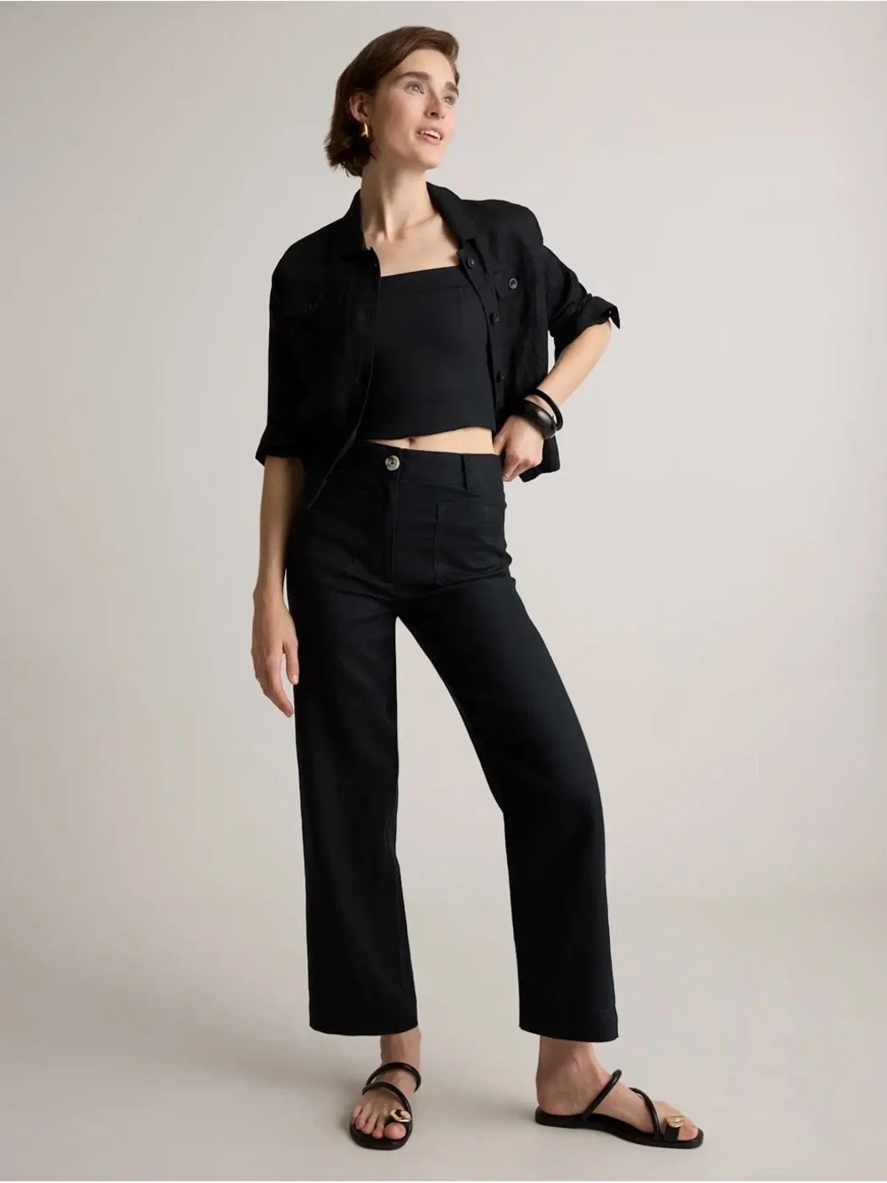 Quince 100% European Linen Patch Pocket Wide Leg Pants size 6 Black Minimal